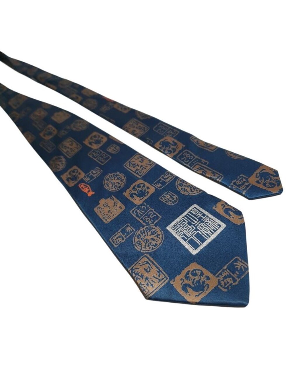 Shanghai Museum Navy Blue Tie Gold Asian Character Pattern Polyester Mens Access